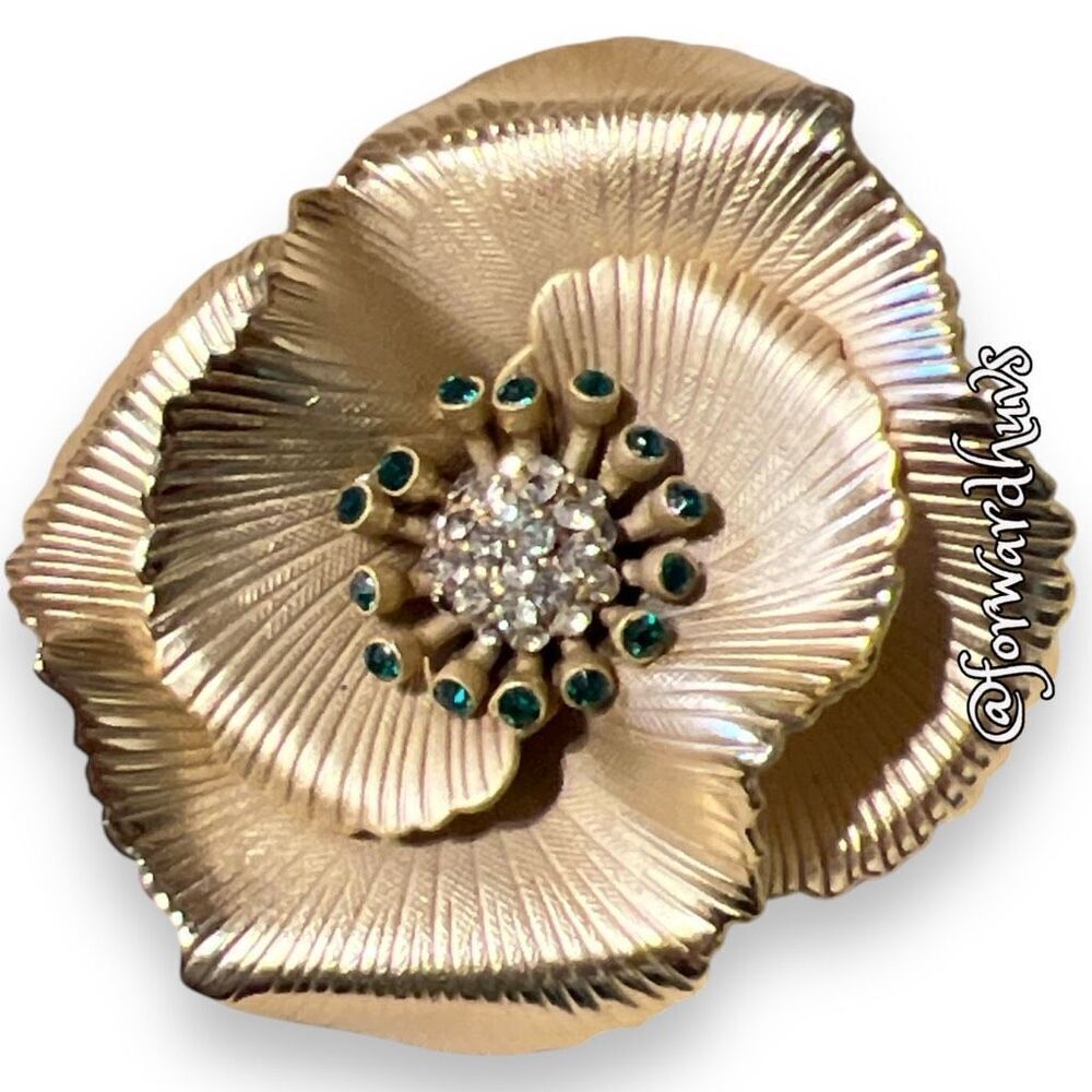 Vintage Gold Tone Metal Floral Brooch with Rhinestone Highlights